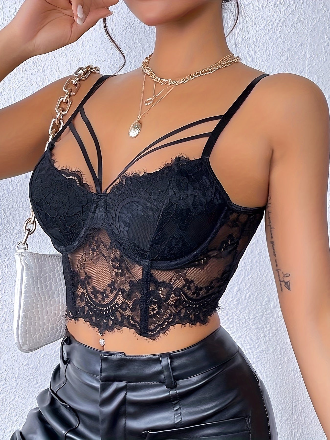 New Sexy Low-Cut Fishbone Eyelash Lace Perspective Backless Sling Corset Top
